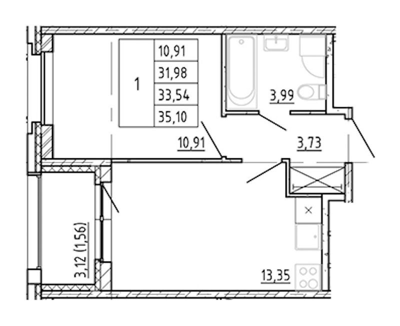 1-комнатная квартира 31.98 м², 2/12 эт., ЖК «Полис Новоселье»